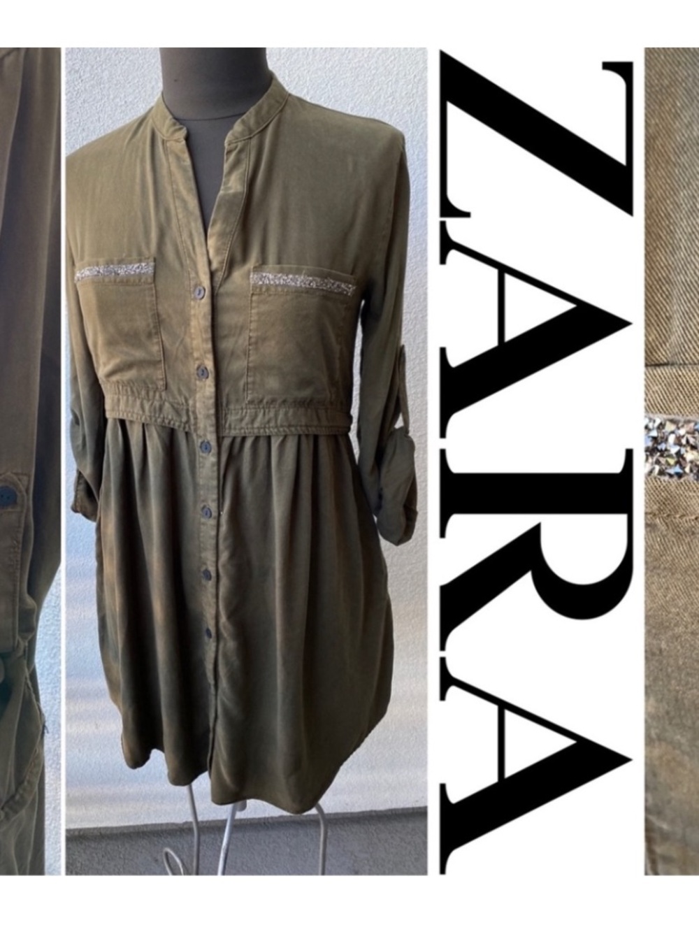 Zara Olive Green Button-Front Tunic with Sequin Trim